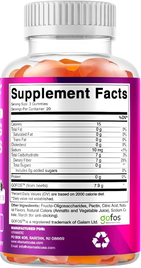 Vitamatic Prebiotic Fiber Gummies for Adults – 7g Fiber per Serving – 60 Pectin-Based Gummies Extra Strength, Zero Sugar Added – Supports Digestive Health & Regularity – Non-GMO, Vegan, Gluten-Free