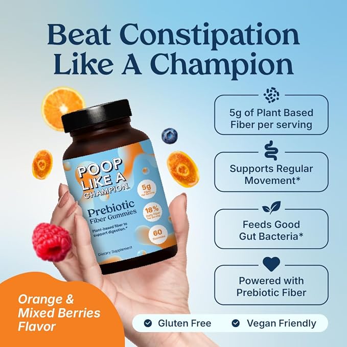 Poop Like a Champion Fiber Gummies – 5g Fiber per Serving, Non-GMO, Vegan, Digestive Support, 60 Pieces per Bottle