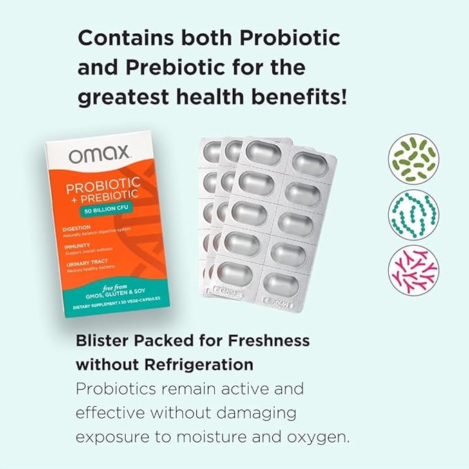 Omax3 Boxes Vegan Probiotic + Prebiotic Supplement Pills, 50 Billion CFU, 10 Clinically Studied Strains, Dairy-Free, Non-GMO, Blister Packed (90 Vege-Capsules)