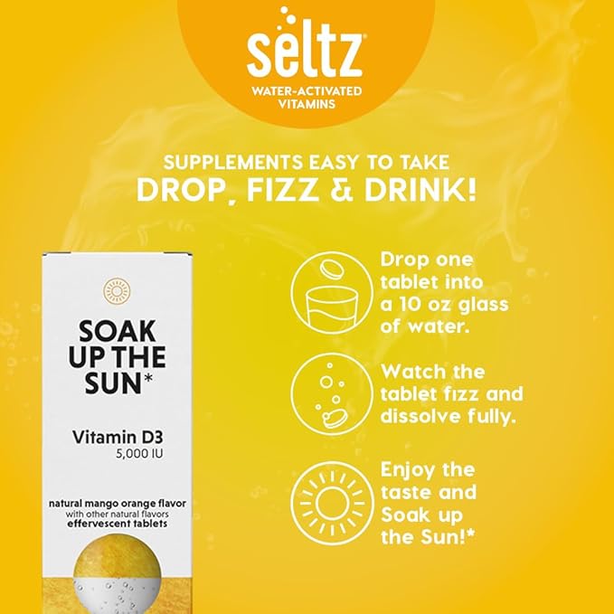 Seltz® Water-Activated Vitamins - Soak up The Sun with Vitamin D3 (5,000 IU) – Natural Mango Orange Flavor Dietary Supplement - 6 Packs x 20 Effervescent Tablets Each
