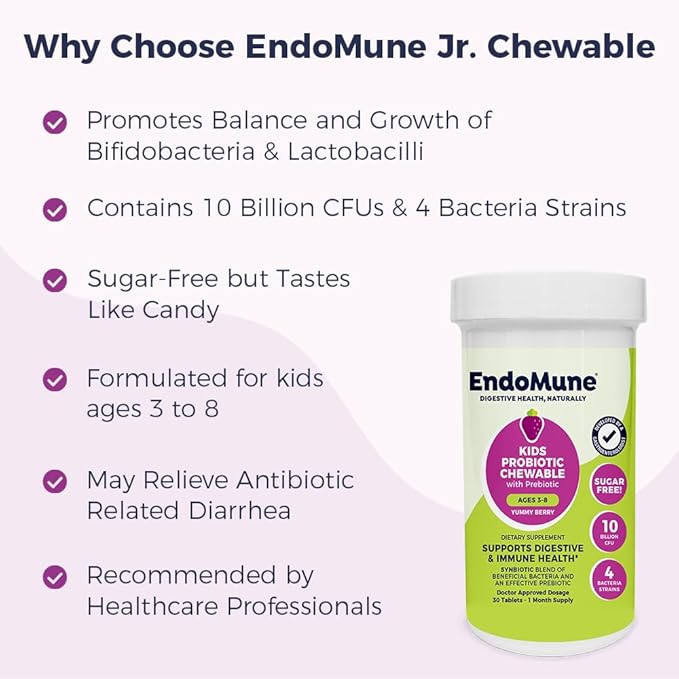 EndoMune Jr Advanced Kids Probiotic and Prebiotic | 10 Billion CFUs | 4 Strains Bacteria and FOS Prebiotic | Physician Formulated | 30 Chewable Tablets