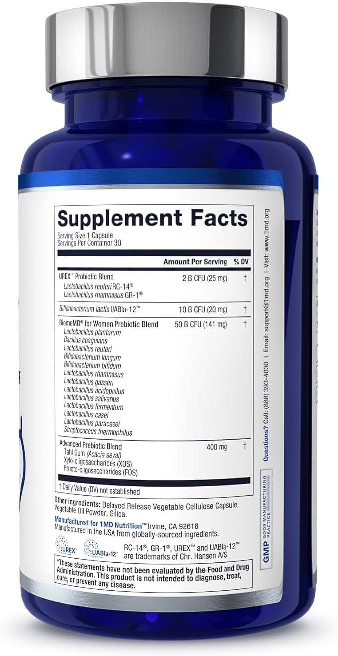 1MD Nutrition BiomeMD Probiotics for Women - 62 Billion CFUs, 16 Strains with Prebiotics | Supports Vaginal & Urinary Health - Doctor-Formulated | 30 Capsules (2-Pack)