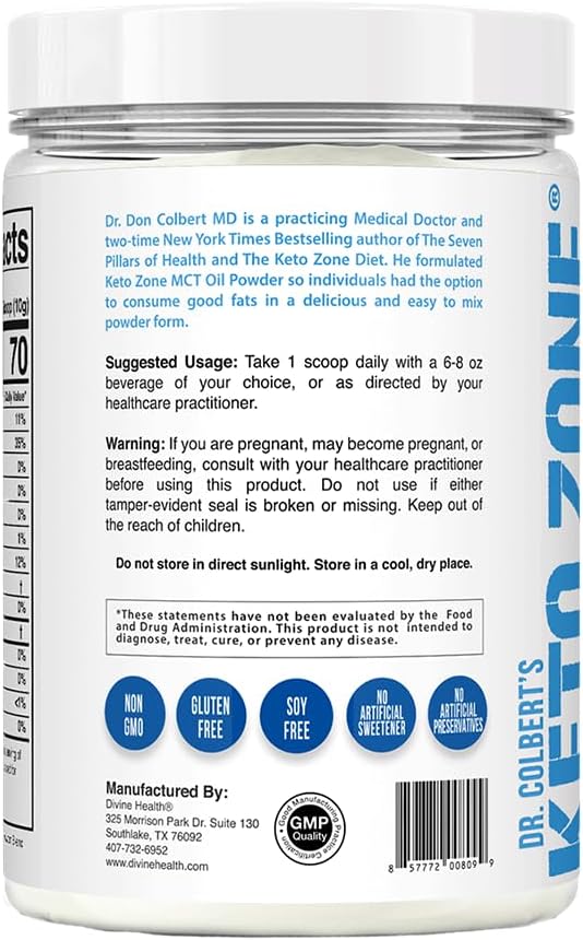 Dr. Colbert's Keto Zone MCT Oil Powder | Unflavored | 70% C8 | 30% C10 | 0 Net Carbs | Gluten Free | 30 Day Supply | 300g |