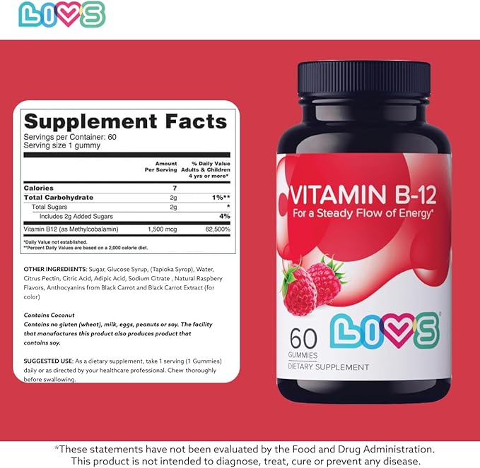 Vitamin B12 Gummies for Adults & Kids | Vegan Methylcobalamin B12 Supplement | Energy, Metabolism & Nerve Support | Raspberry Flavor | Non-GMO, Gluten-Free, Pectin-Based | 60 Count