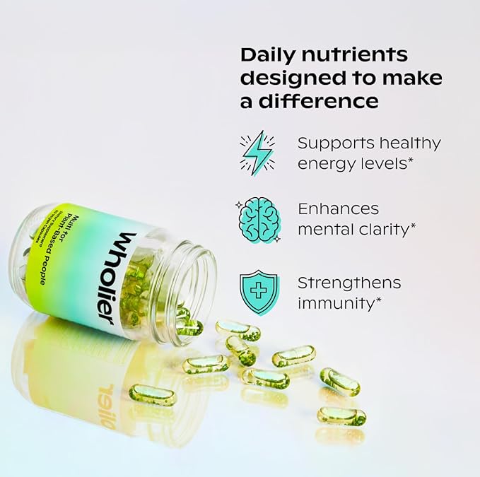 Wholier Plant Based Multivitamin Vegan Omega-3 DHA EPA, Vitamin D, Vitamin B12, Zinc, Vitamin K2, Iron, Iodine, Selenium. 60 Count (30-Day Supply) Glass Bottle