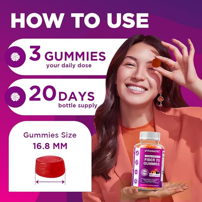 Vitamatic Prebiotic Fiber Gummies for Adults – 7g Fiber per Serving – 60 Pectin-Based Gummies Extra Strength, Zero Sugar Added – Supports Digestive Health & Regularity – Non-GMO, Vegan, Gluten-Free