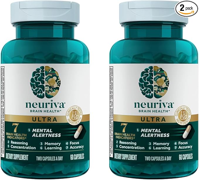 NEURIVA Ultra Brain Supplement for Mental Alertness, Memory, Focus & Concentration with Clinically Tested Cognivive, Neurofactor, Phosphatidylserine, Vitamins B6 & B12, 60 Count Capsules (2 Pack)