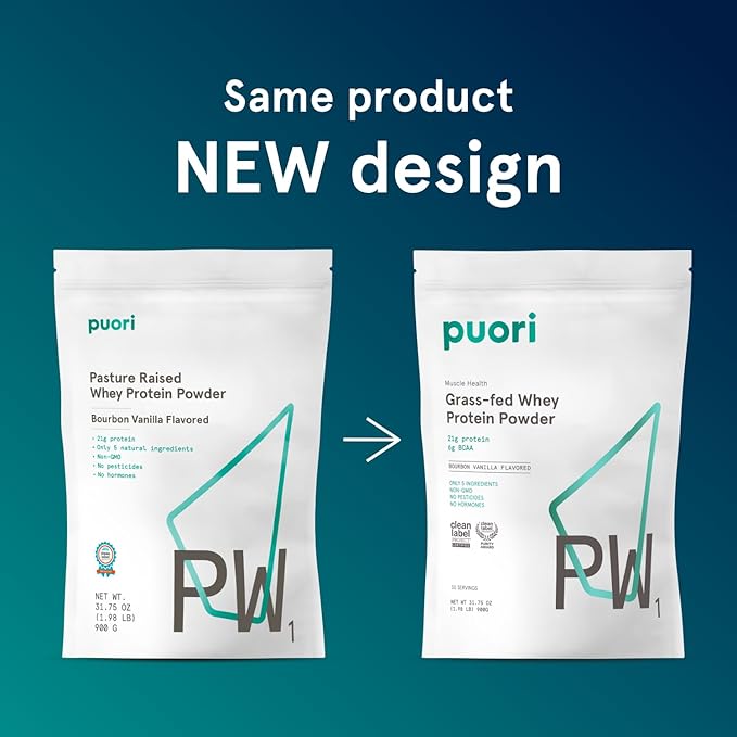 Puori Whey Protein Powder - Bourbon Vanilla - PW1 Pasture Raised, Grass-Fed & Non-GMO - 100% Natural and Pure for Muscle Growth - 21g Protein 1.98lbs - Gluten-Free