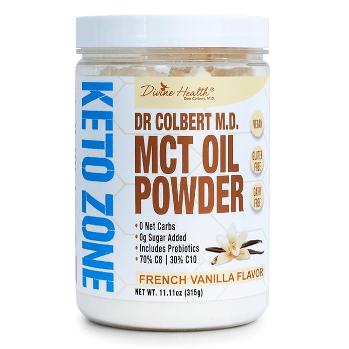 Dr. Colbert MD MCT Oil Powder | French Vanilla Flavor | by Divine Health | Recommended in The Keto Zone Diet book | 70% C8 | 30% C10 | 0 Net Carbs | Alternative to Coffee Creamer | 315g