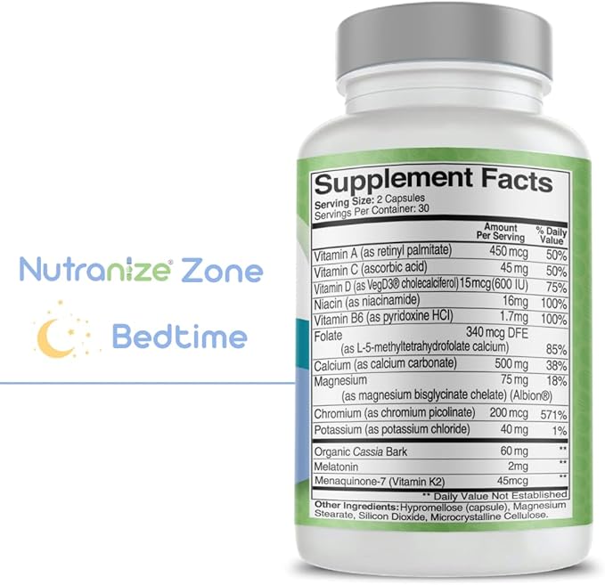 Zone Calcium Supplement, Magnesium Glycinate, Vitamin D3, K2 MK7, Methylfolate, Berberine, Chromium Picolinate, Cinnamon, Melatonin (60 Count of Both Bottles)