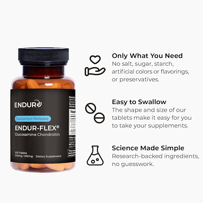 ENDUR-Flex Sustained Release - 500mg Glucosamine & 200mg Chondroitin - 200 Tablets - Antioxidant - Supplement for Back, Knees, Hands