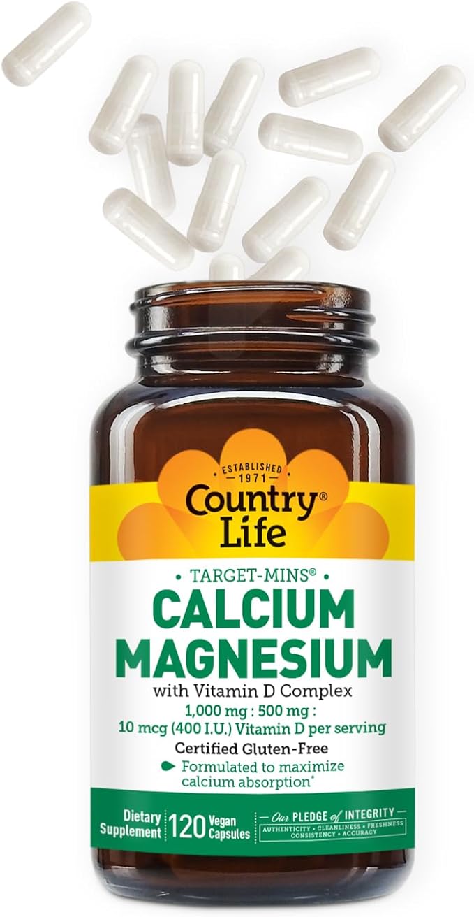 Country Life Target-Mins Calcium Magnesium with Vitamin D-Complex, 1000mg/500mg/10mcg, 120 Vegan Capsules, Certified Gluten Free, Certified Vegan, Verified Non-GMO Verified