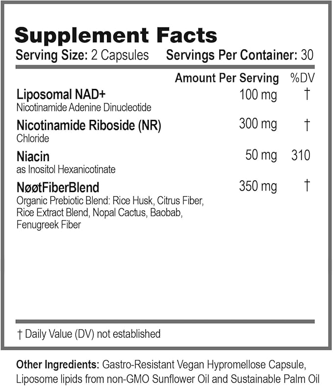 Liposomal NAD Supplement - Nicotinamide Adenine Dinucleotide with NAD Precursors Nicotinamide Riboside (NR) and Niacin Vegan Anti Aging Supplement for Longevity 60 Capsules, 1 Month Supply