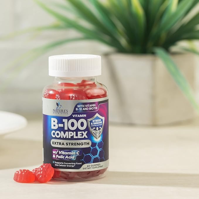 B Complex Gummies with Vitamin C & Folic Acid, Extra Strength Super Vitamin B Gummies Supplement with Niacin, B6, Folic Acid, B12, Biotin, Nature's Energy Immune Support Supplements - 60 Gummies