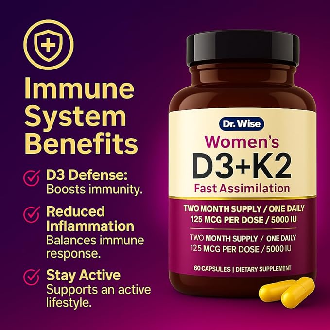 Dr. Wise Vitamin D3 + K2 – 5000 IU D3 with MK-7, One Per Day, for Strong Bones, Heart Health & Rejuvenated Vitality – Easy Swallow, Non-GMO – 60 Capsules, 2-Month Supply