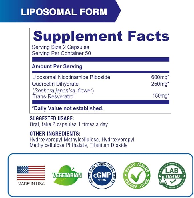 Lovita Liposomal NR (Nicotinamide Riboside) 1000 mg with Quercetin & Trans-Resveratrol, Support Cellular Health and Healthy Aging, 100 Vegan Enteric-Coated Capsules