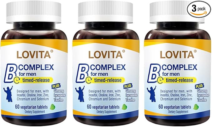 Lovita Men's 8-Hour Time-Release B Complex: Experience Enhanced Nutritional Support with One Daily Vegetarian Tablet (60 Count) (Pack of 3)