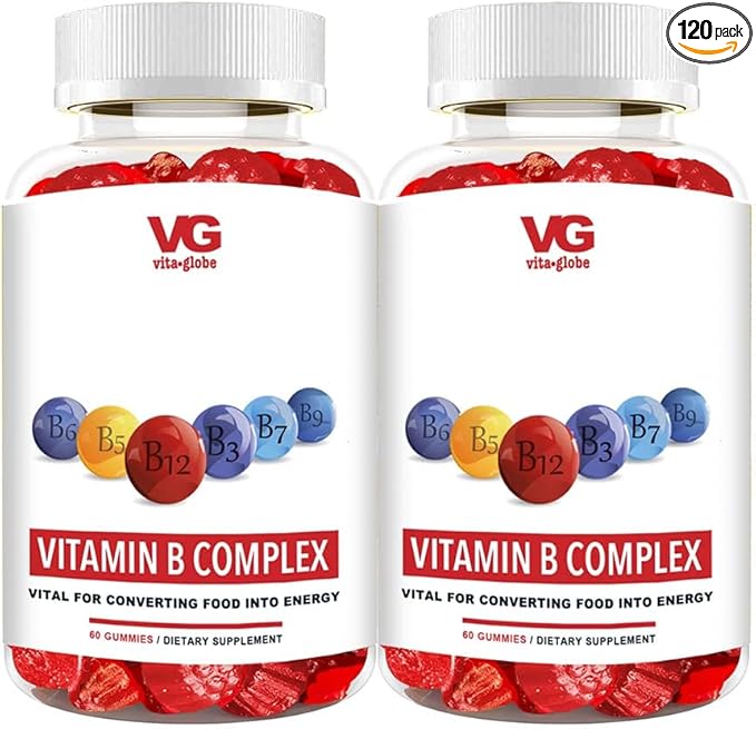 B Complex Gummy Vitamins - Strawberry Flavor with Vitamin C, Niacin, B6, B12 & Biotin for Energy, Heart Health and Brain Support, 120 Count (Pack of 2)