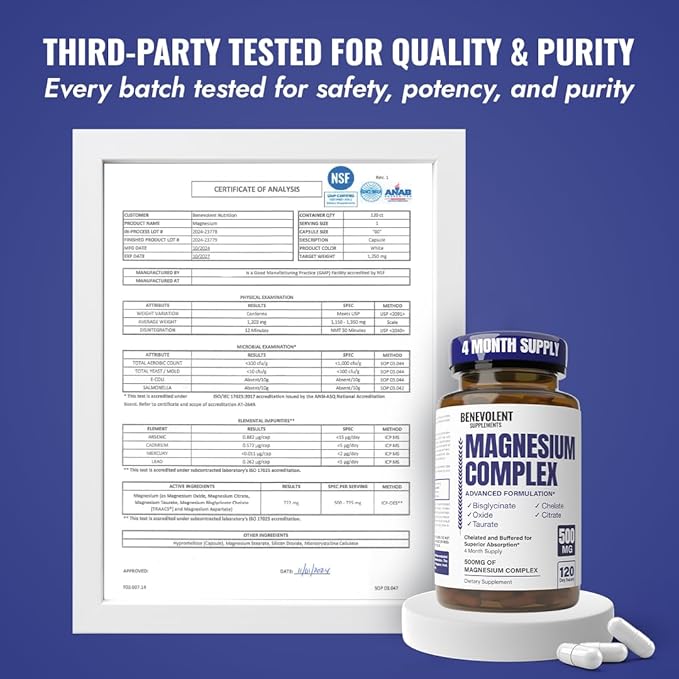 Magnesium Complex Supplement, 4 Month Supply of 500mg 5-in-1 Bisglycinate, Oxide, Taurate, Aspartate, Citrate, Max Absorption Magnesium Supplement for Calm, Sleep & Leg Cramps, 120 Capsule