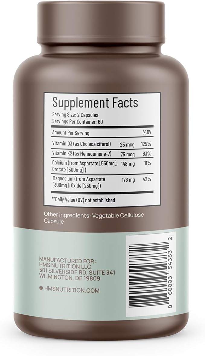 Calcium, Magnesium, Vitamins D3 + K2 for Bone Health, Immune Support, Bones & Teeth Calcium Supplement for Women & Men, Non-GMO, Gluten-Free, 120 Capsules