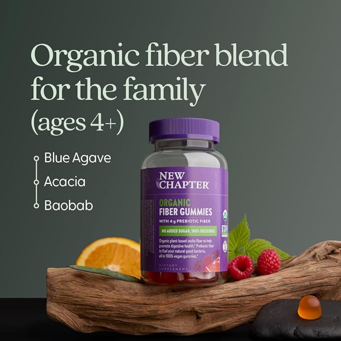 New Chapter Organic Fiber Gummies for Adults & Kids (Age 4+), Plant-Based Prebiotic Fiber for Digestive Health, Vegan, Non-GMO, USDA Organic, Gluten Free, Citrus-Berry Flavored, 60 ct