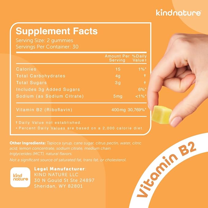 kindnature Vitamin B2 Gummies - Riboflavin 400mg Supplement for Kids & Adults - Non-GMO, Soy & Gluten-Free, Vegan Chewable Gummies (30 Day Supply)
