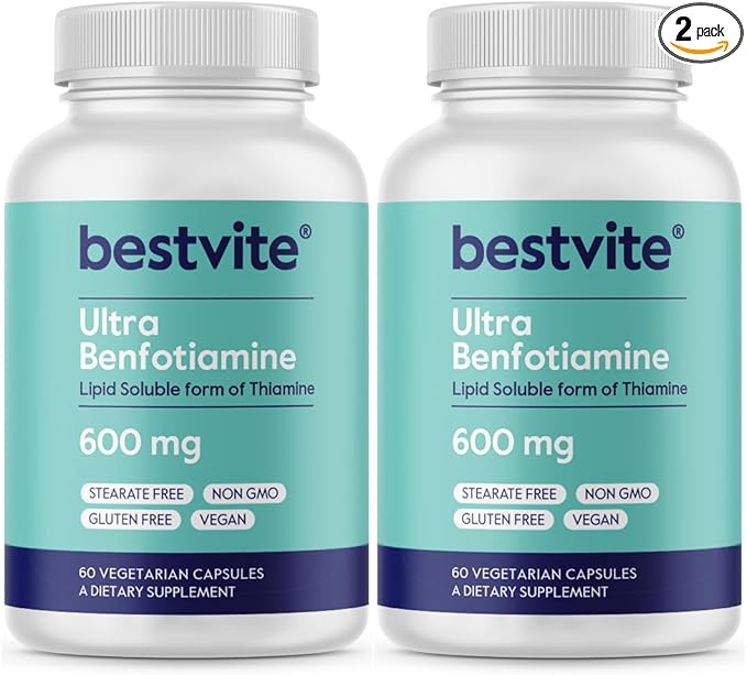 Ultra Benfotiamine 600mg per Capsule (120 Vegetarian Capsules) (60x2) No Stearates - No Silicon Dioxide - Vegan - Non GMO - Gluten Free - Maximum Strength Benfotiamine