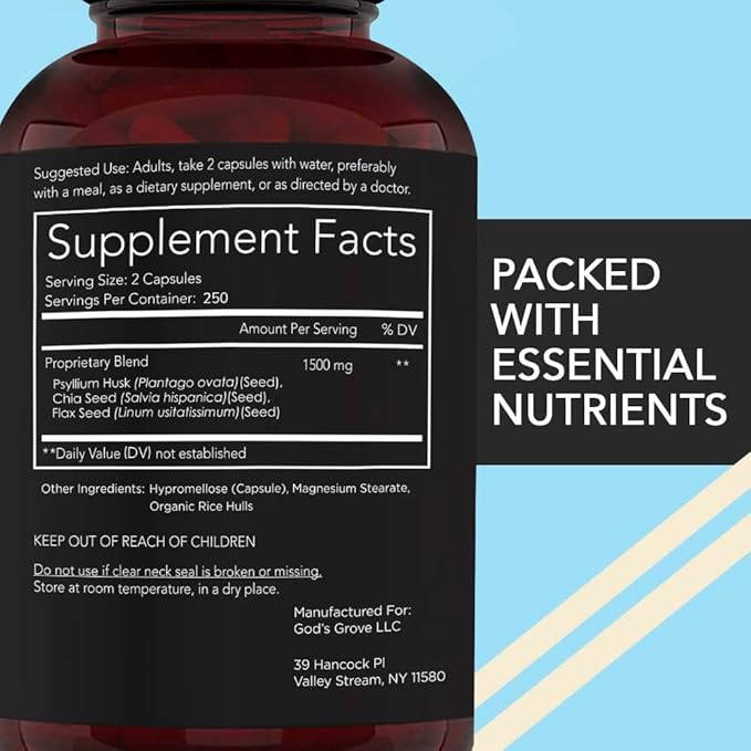 California Basics Fiber Supplements for Men (500 Count) - Daily Dietary Chia Flaxseed Psyllium Husk Vegan Capsules - High Fiber Supplement Pills Zero for Him Extra Strength Pills