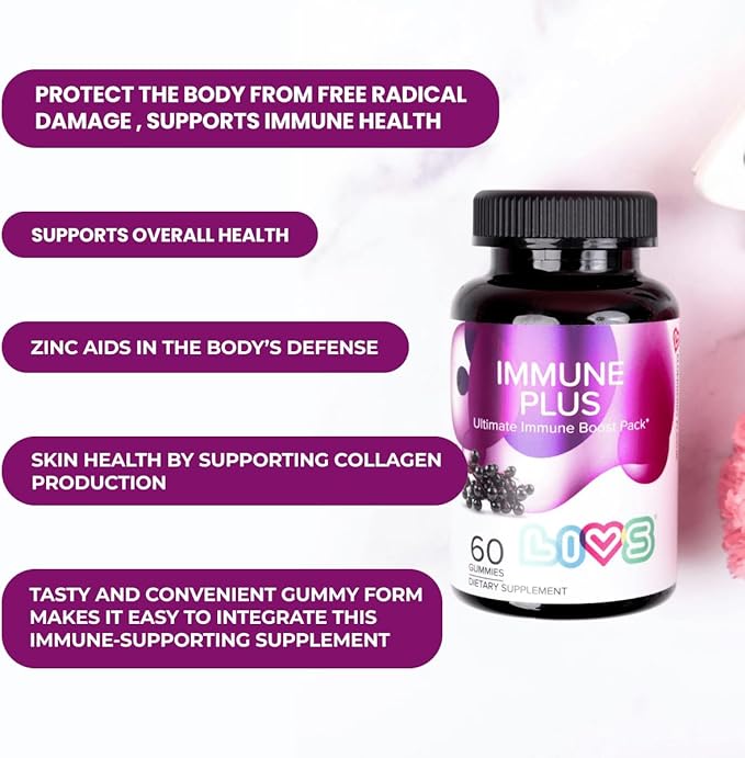 Immune Plus Gummies – Elderberry Extract with Vitamin C, D3, & Zinc | Plant Based Immune Support Supplements for Adults & Kids | Gluten Free & Chewable Elderberry Flavored Gummy Vitamins - 60 Ct