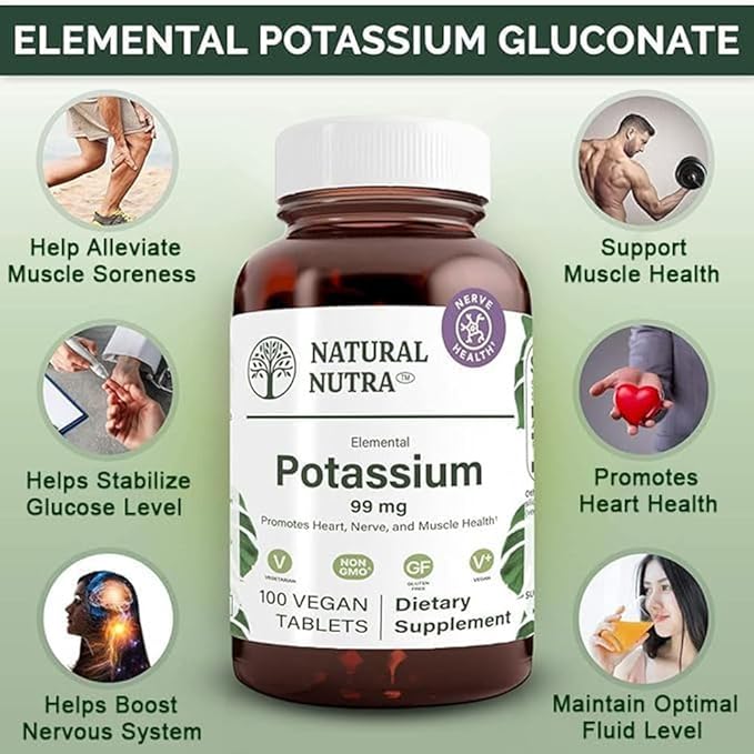 Natural Nutra Elemental Potassium Gluconate 99 mg Dietary Supplement – Promotes Energy, Helps Boost Nervous System, Promotes Heart Health, Mineral Regulation, Muscle Function - 100 Vegan Tablets