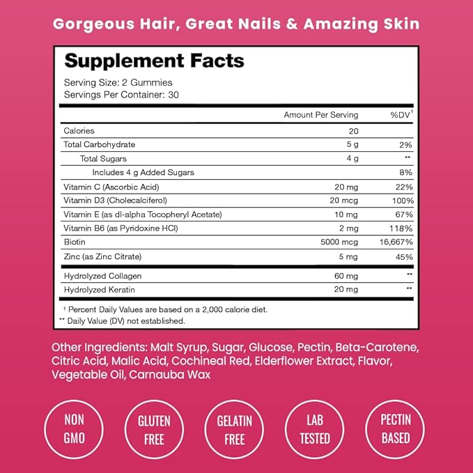 NutraChamps Hair Skin & Nails Gummies, Biotin with Collagen & Keratin, 5000mcg Biotin Beauty Complex, Vitamin Supplement, Berry, 120 Count, Healthy Hair, Radiant Skin & Strong Nails (Pack of 2)