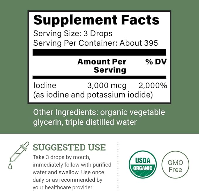 Organic Lugol's Iodine, Iodine and Potassium Iodide 2% Solution 3000 mcg - Liquid Supplement Drops for Thyroid Support for Women & Men, Metabolism Health, Detox Boost - Non-GMO, 395 Servings (2 Oz)