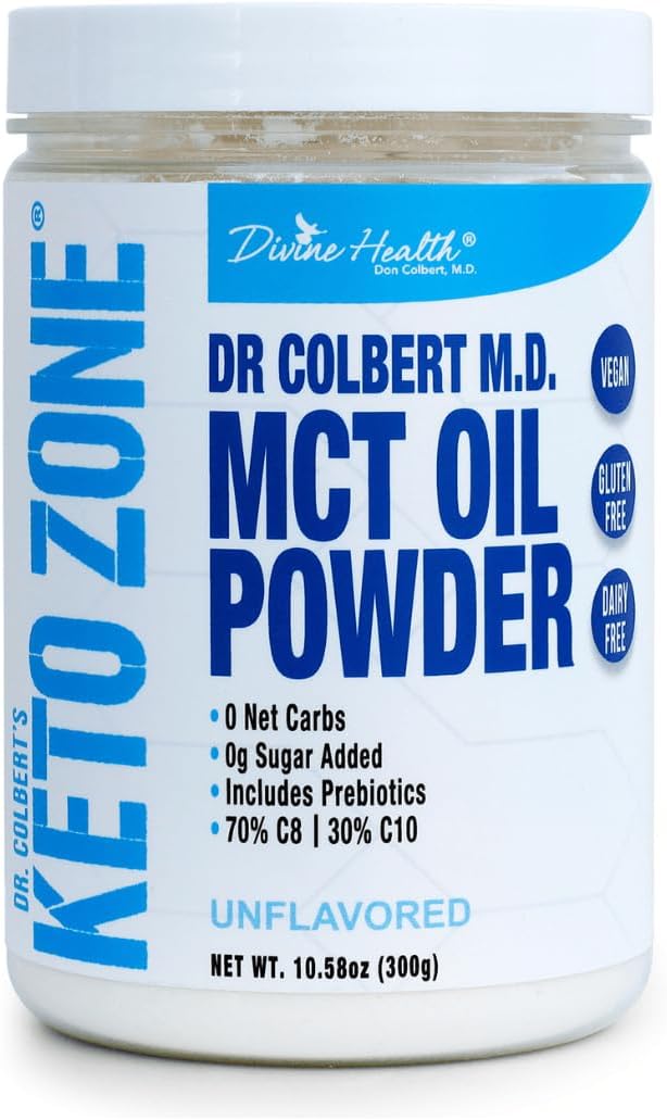 Dr. Colbert's Keto Zone MCT Oil Powder | Unflavored | 70% C8 | 30% C10 | 0 Net Carbs | Gluten Free | 30 Day Supply | 300g |