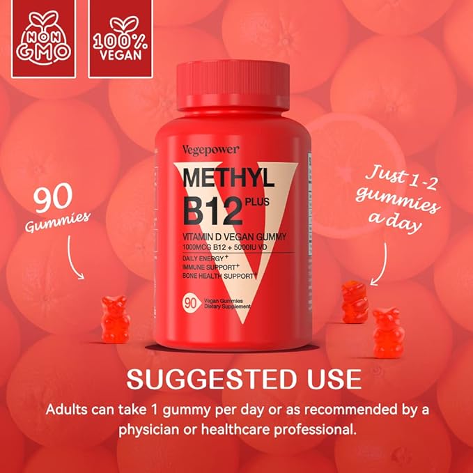 Vegan Vitamin B12 Gummies with Vitamin D - 90 Count I 1000 MCG Methyl B12 & 5000 IU D3 Gummy Chewable Supplements for Adults & Kids - Supports Immune Health & Daily Energy Boost - Non-GMO, Orange