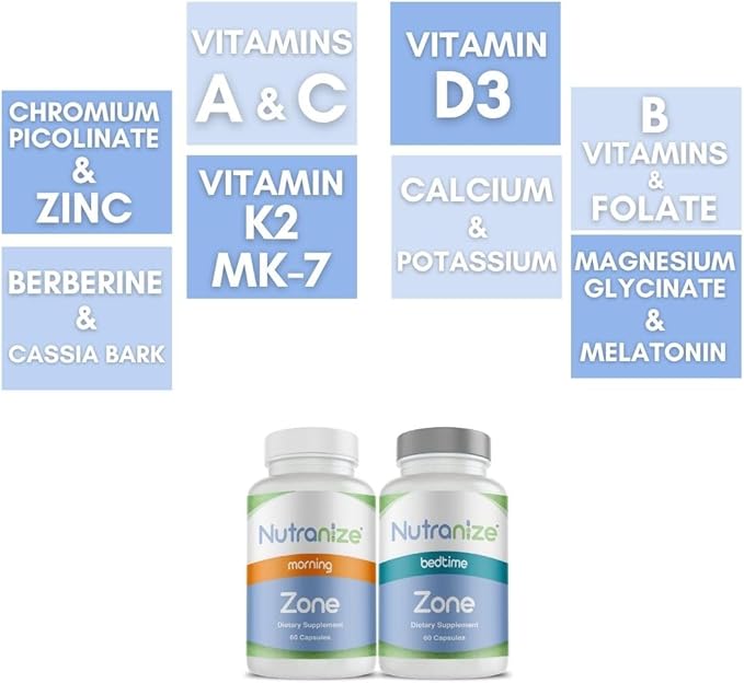 Zone Calcium Supplement, Magnesium Glycinate, Vitamin D3, K2 MK7, Methylfolate, Berberine, Chromium Picolinate, Cinnamon, Melatonin (60 Count of Both Bottles)