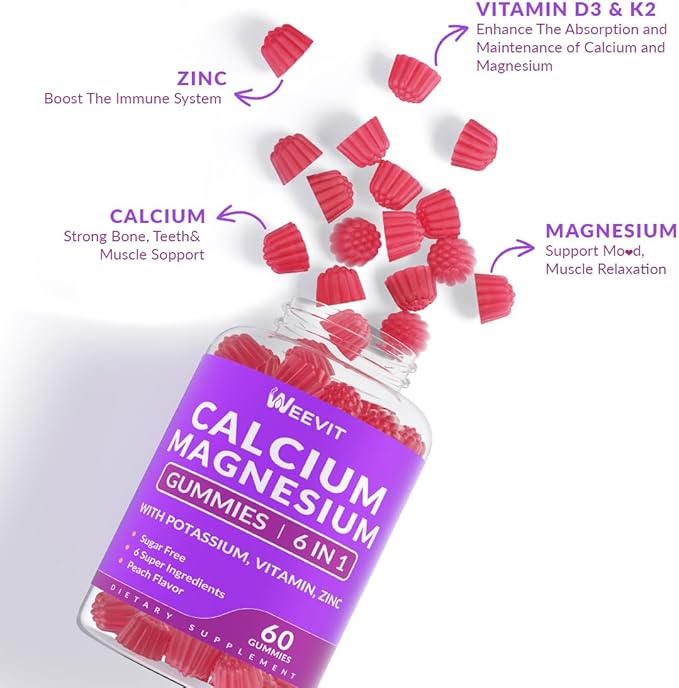 Sugar Free Calcium Gummies w/Vitamin D3 K2, Calcium Magnesium Zinc Gummies for Bone, Muscle & Immune, Algae CA Magnesium 2:1 Ratio Calcium Supplement for Women & Men - Vegan