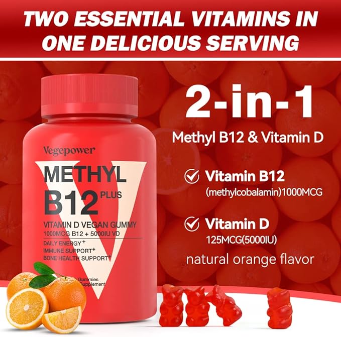 Vegan Vitamin B12 Gummies with Vitamin D - 90 Count I 1000 MCG Methyl B12 & 5000 IU D3 Gummy Chewable Supplements for Adults & Kids - Supports Immune Health & Daily Energy Boost - Non-GMO, Orange