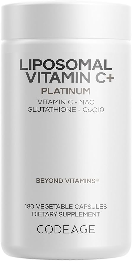 Codeage Liposomal Vitamin C+ Platinum - 1000 Mg Vitamin C Vitamins, Glutathione, NAC (N Acetyl Cysteine), Resveratrol, CoQ10, Rutin, Elderberry, Quercetin, Rosehip, Citrus Bioflavonoids - 180 Capsules