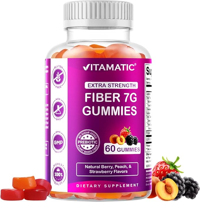 Vitamatic Prebiotic Fiber Gummies for Adults – 7g Fiber per Serving – 60 Pectin-Based Gummies Extra Strength, Zero Sugar Added – Supports Digestive Health & Regularity – Non-GMO, Vegan, Gluten-Free