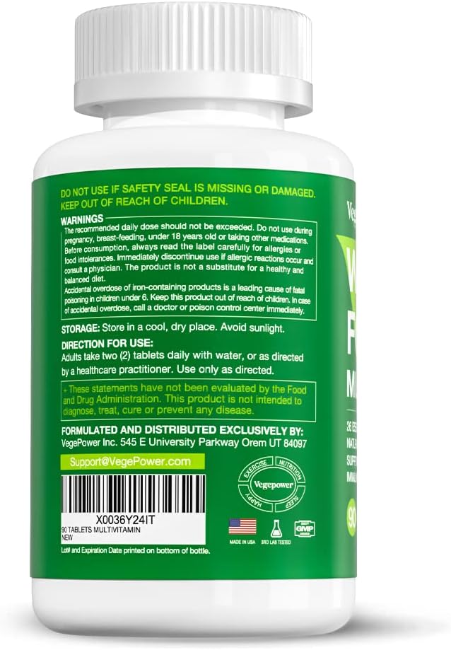 Vegan Whole Food Multivitamin with Iron, Daily Multivitamin for Men and Women, Methylated Multi Vitamins, B-Complex, Fruits & Vegetables, Enzymes, Omegas, Mushroom, Non-GMO, 90 Count