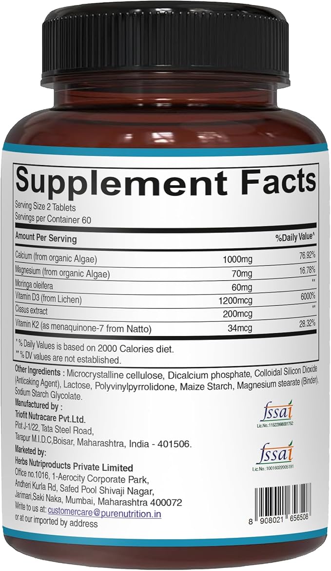 Pure Nutrition Cal D - Plant Based Calcium with VIT D3 K2 & Magnesium | 120 Tabs | 500mg Vegan Calcium per Serving | Algae Calcium Supplement for Bone Health