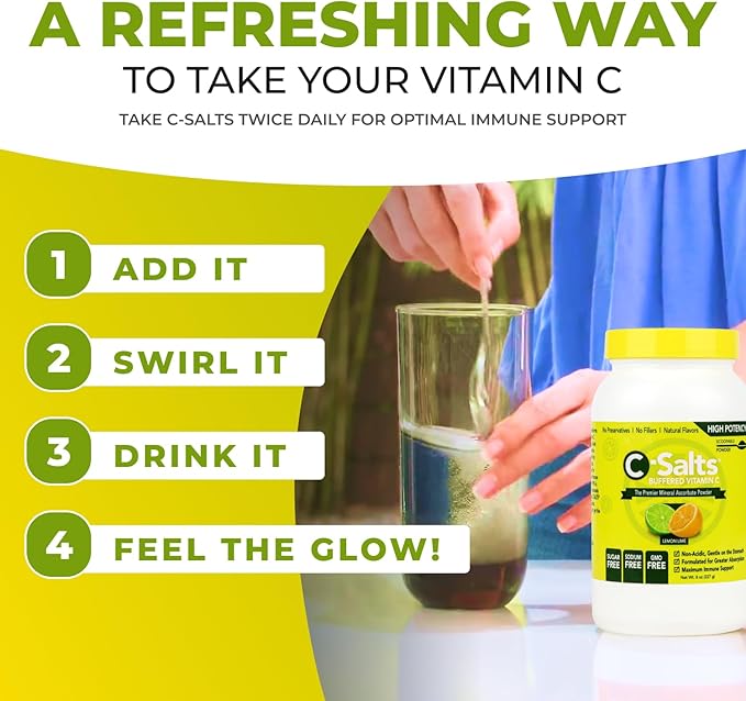 C-Salts Original Vitamin C Powder Supplement - 100% Pure High Dose Buffered Vitamin C Powder for Immune Support - Sugar-Free Powdered Drink Ascorbate, Organic, Stomach-Friendly, Lemon Lime 26oz