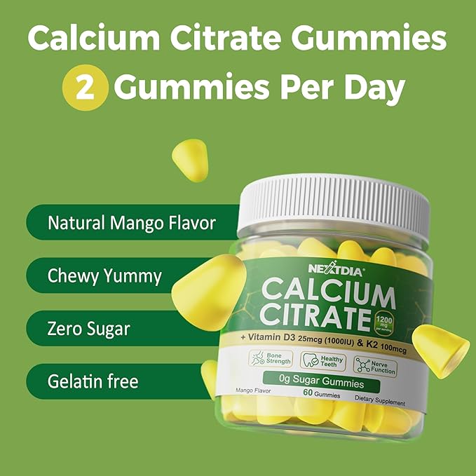 Calcium Citrate Gummies 1200mg with Vitamin D3 K2, Chewable Calcium Supplements for Women & Men, High Potency Support B0ne, Te*th, Strength & Immune Health, Mango Flavor, Non-GMO, Sugar Free, 120 Cts