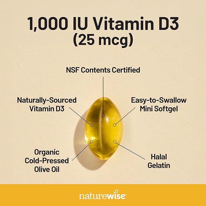NatureWise Vitamin D3 1000iu (25 mcg) 30-Day Supply for Immune Support, Healthy Muscle Function, and Bone Health - Non-GMO, Gluten Free in Organic Extra Virgin Olive Oil, (Mini Softgel), 30 Count