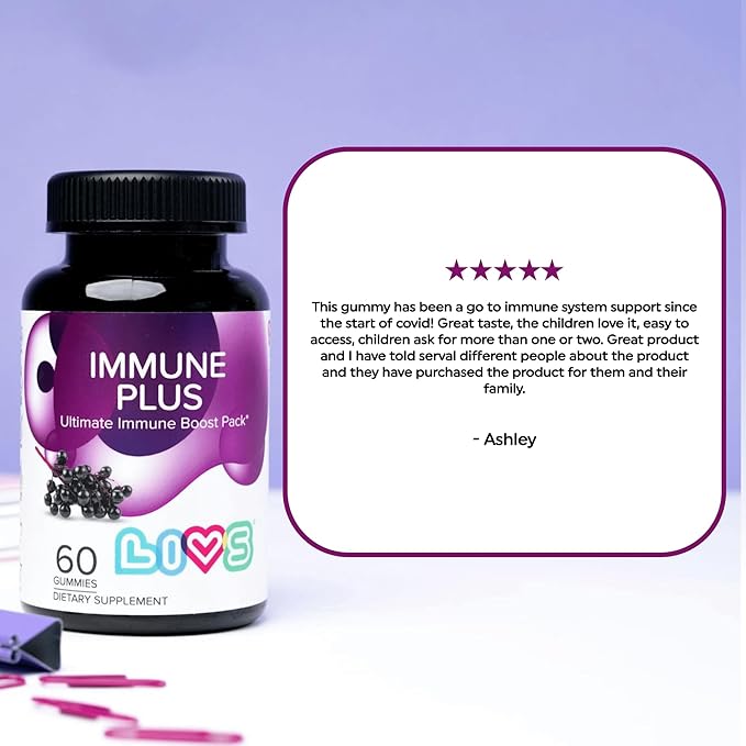 Immune Plus Gummies – Elderberry Extract with Vitamin C, D3, & Zinc | Plant Based Immune Support Supplements for Adults & Kids | Gluten Free & Chewable Elderberry Flavored Gummy Vitamins - 60 Ct