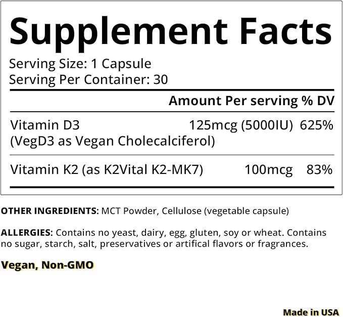 Vitamin D3 K2 with MCT, 5000 IU Vegan D3 & 100 mcg MK7 K2, Support Strong Bones and Immune Health - 30 Capsules (30 Days Supply)