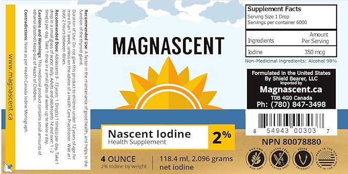 Nascent Iodine Organic Daily Health Supplement High Potency 2% Concentrated Liquid Iodine Drops Supports Energy & Metabolism (4oz/118.4ml)