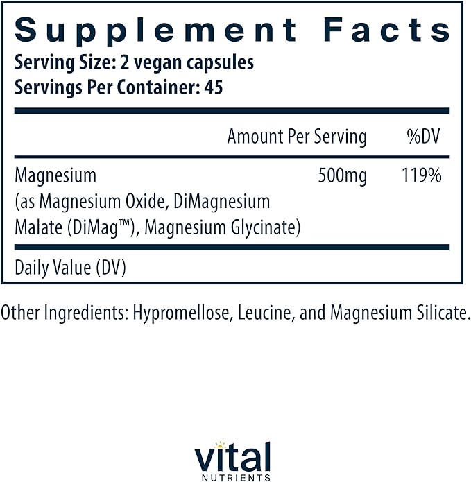 Vital Nutrients Triple Magnesium Complex Supplement | Vegan Magnesium Glycinate, Malate & Oxide 250mg | Easily Absorbed Magnesium Supplement for Stress, Muscle, Heart, Bone Support | 90 Capsules