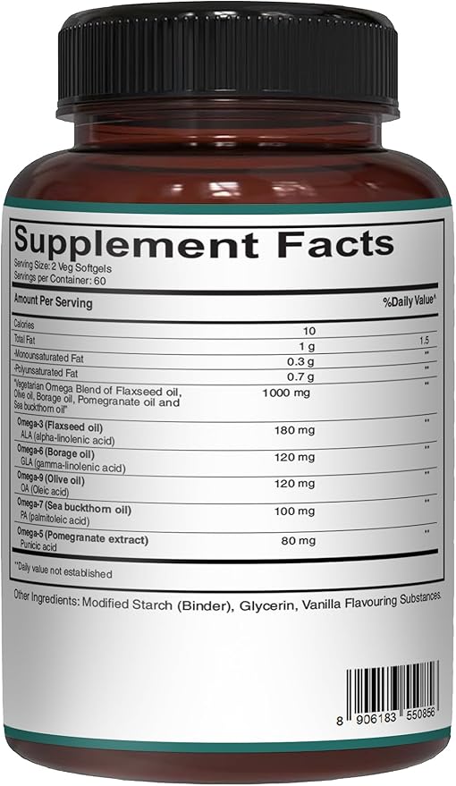 Pure Nutrition Vegan Omega 3-5-6-7-9 | 120 Softgels | 600mg per Serving of 2 Softgels | Multi Omega Supplement for Overall Health | Non GMO | Gluten Free