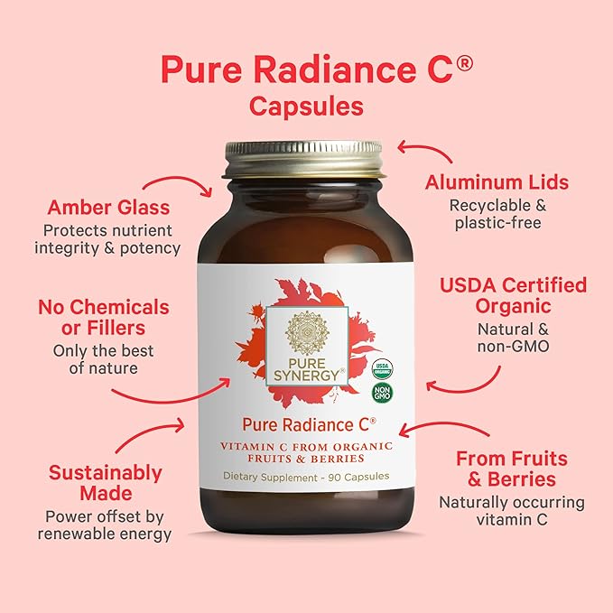 PURE SYNERGY Pure Radiance C – Organic Vitamin C Capsules | 100% Whole Food Supplement, Non-GMO, Camu Camu Extract with Natural Immune & Collagen Support – 90 Capsules